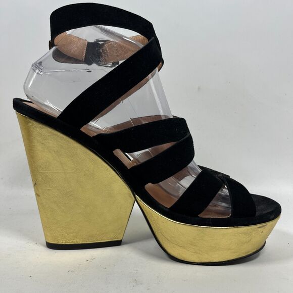 MARC BY MARC JACOB Sandals 40 Suede 5" Block Heels Platform Black Gold - Picture 5 of 16